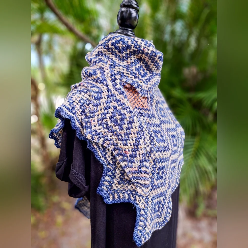 Hand Knit Shawl Blue Brown Beige Hand Dyed Yarn Mosaic Colorwork Soft Warm Cozy - Picture 6 of 16